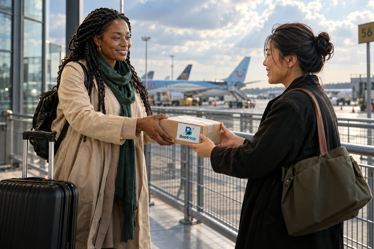 Two travellers exchanging a BootHop package at the airport