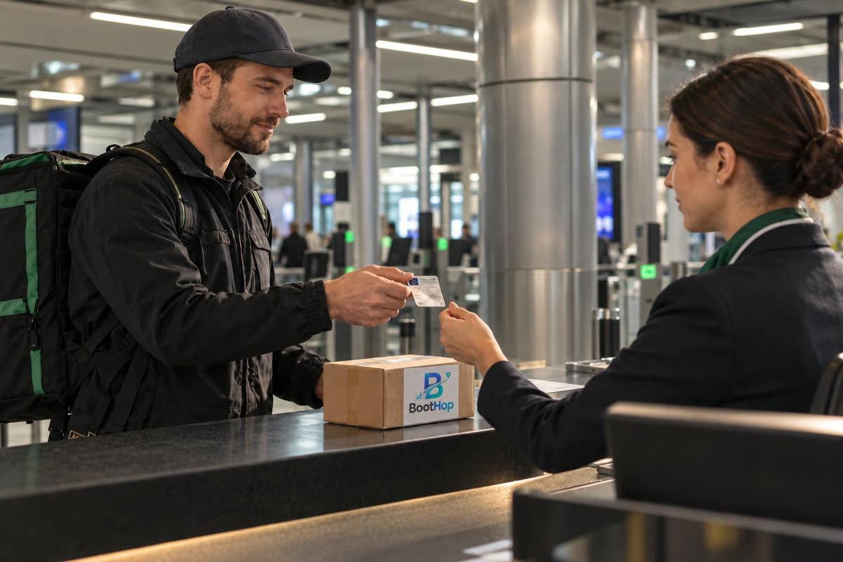 A BootHop courier verifying ID at an airport check-in counter